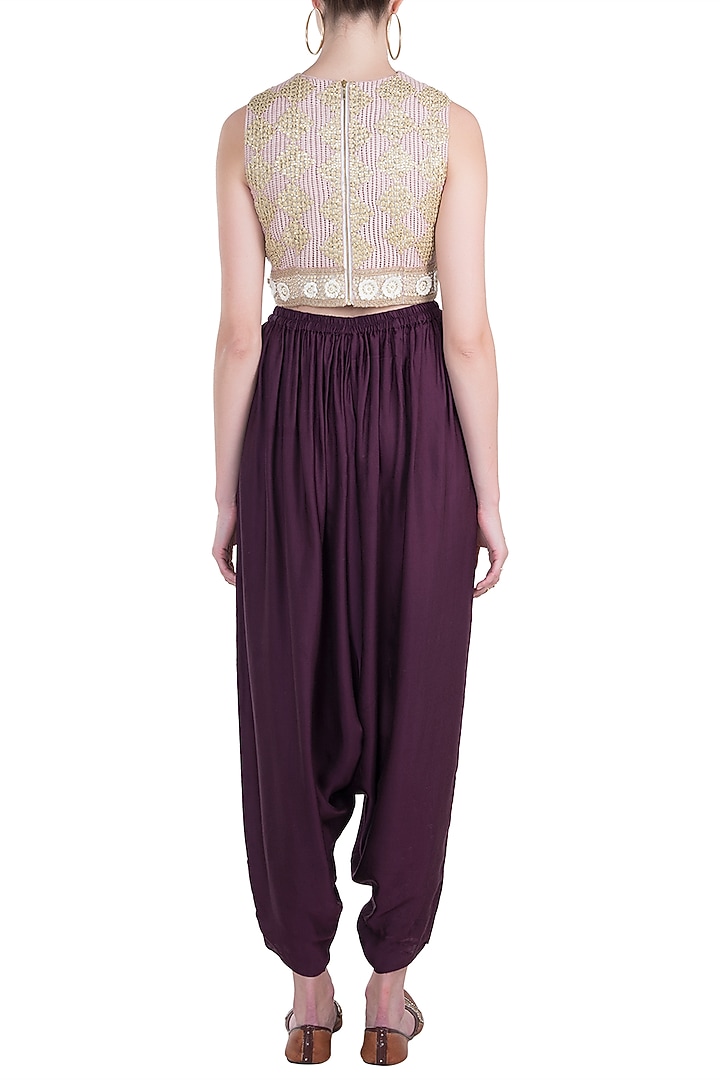 Pink embroidered crop top with dhoti pants available only at Pernia's Pop Up Shop.