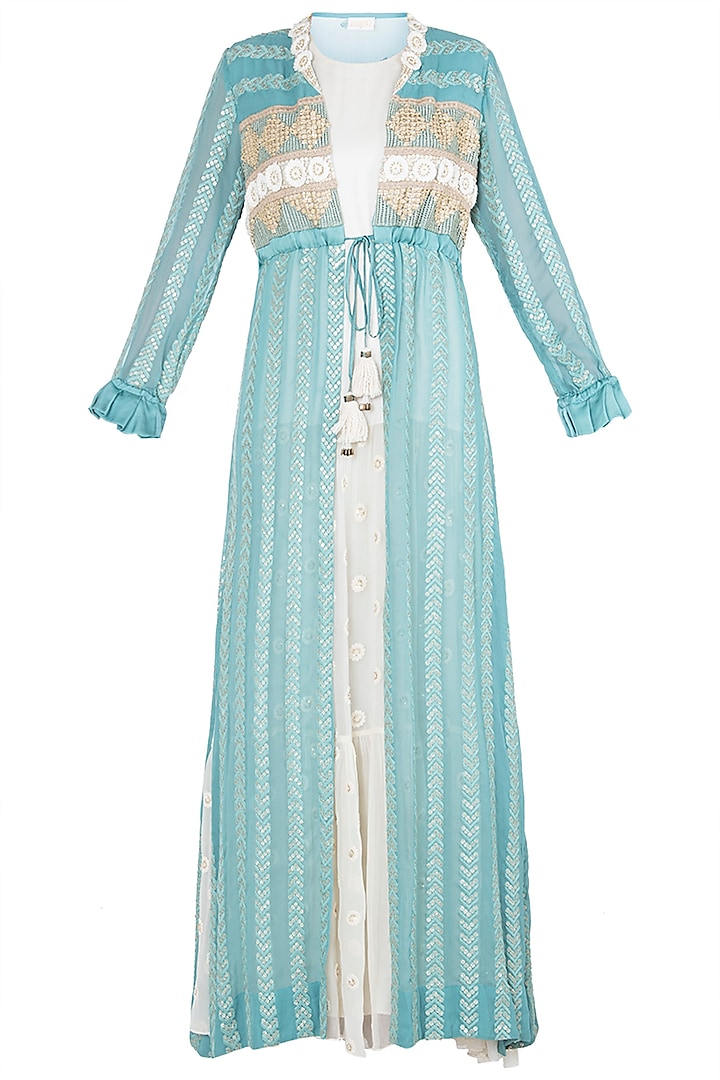 Aqua embroidered jacket with dress by Rriso