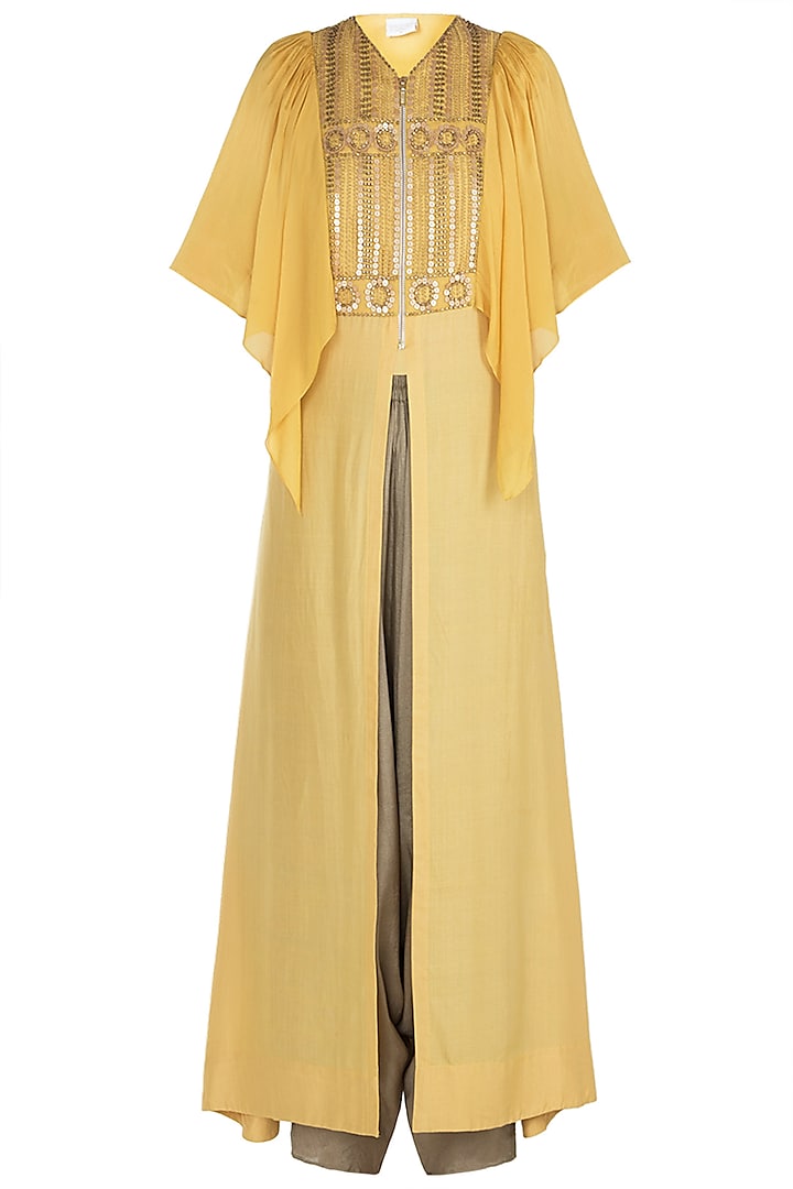 Yellow embroidered tunic with dhoti pants by Rriso
