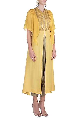 Yellow embroidered tunic with dhoti pants by Rriso