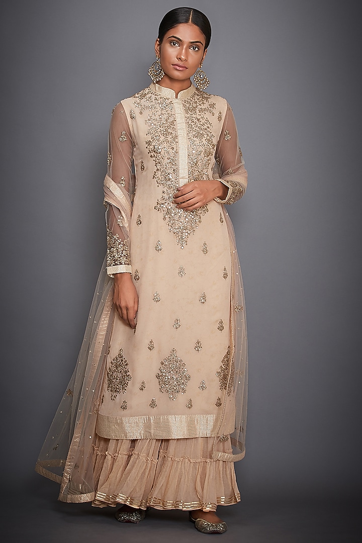Beige Embroidered Gharara Set by Ri Ritu Kumar at Pernia's Pop Up Shop