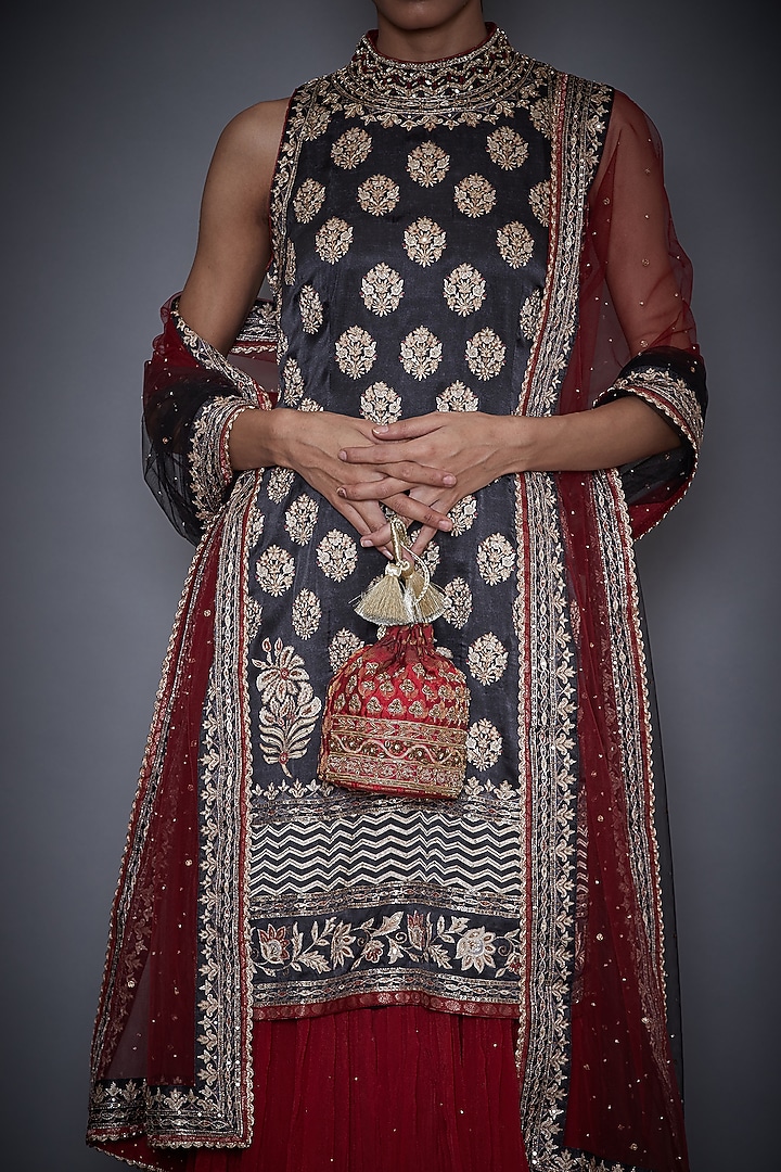 Maroon Brocade Embroidered Potli by Ri Ritu Kumar at Pernia's Pop Up Shop
