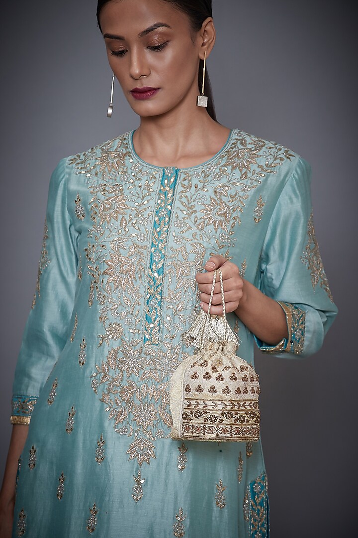 Off White Brocade Embroidered Potli by Ri Ritu Kumar at Pernia's Pop Up Shop