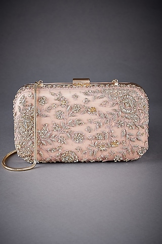 Peach Poly Zari Embroidered Clutch by Ri Ritu Kumar