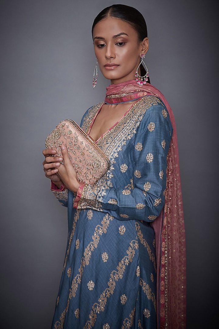 Peach Poly Zari Embroidered Clutch by Ri Ritu Kumar at Pernia's Pop Up Shop