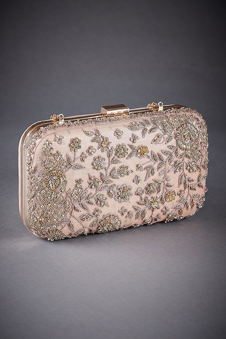 Peach Poly Zari Embroidered Clutch by Ri Ritu Kumar at Pernia's Pop Up Shop