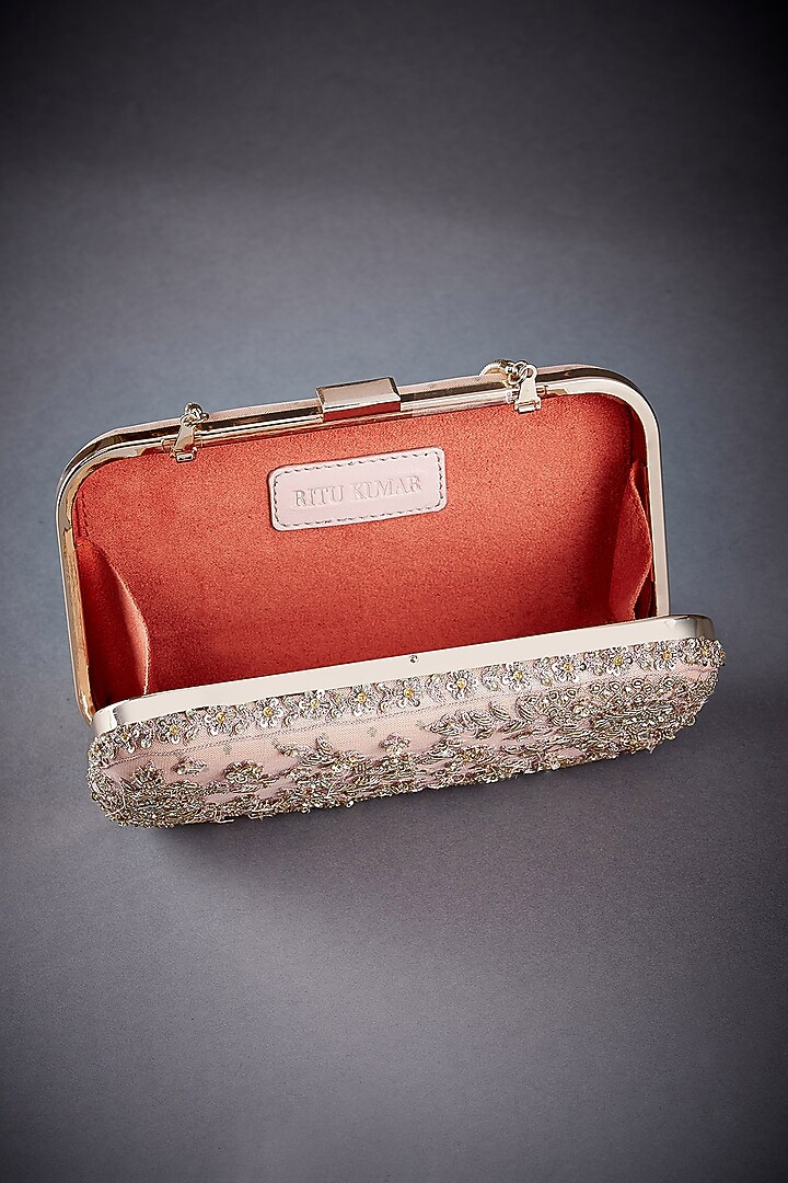 Peach Poly Zari Embroidered Clutch by Ri Ritu Kumar at Pernia's Pop Up Shop