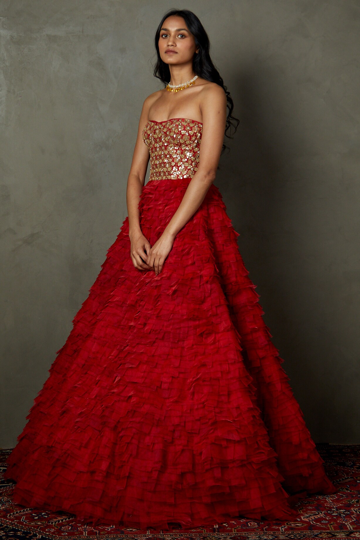 Scarlet Red Polyester Floral Printed & Embroidered Off-Shoulder Gown by ...