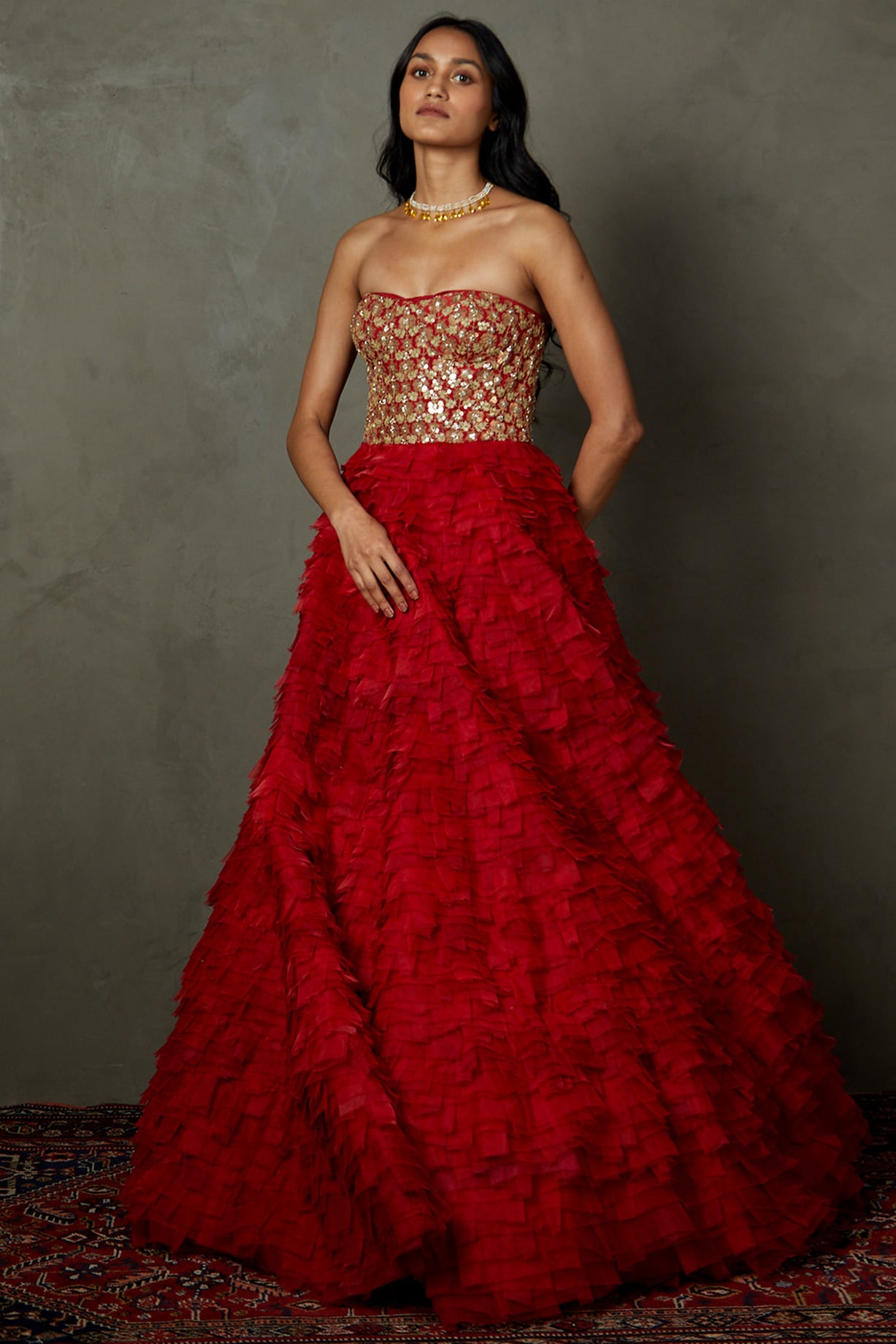 Scarlet Red Polyester Floral Printed & Embroidered Off-Shoulder Gown by ...