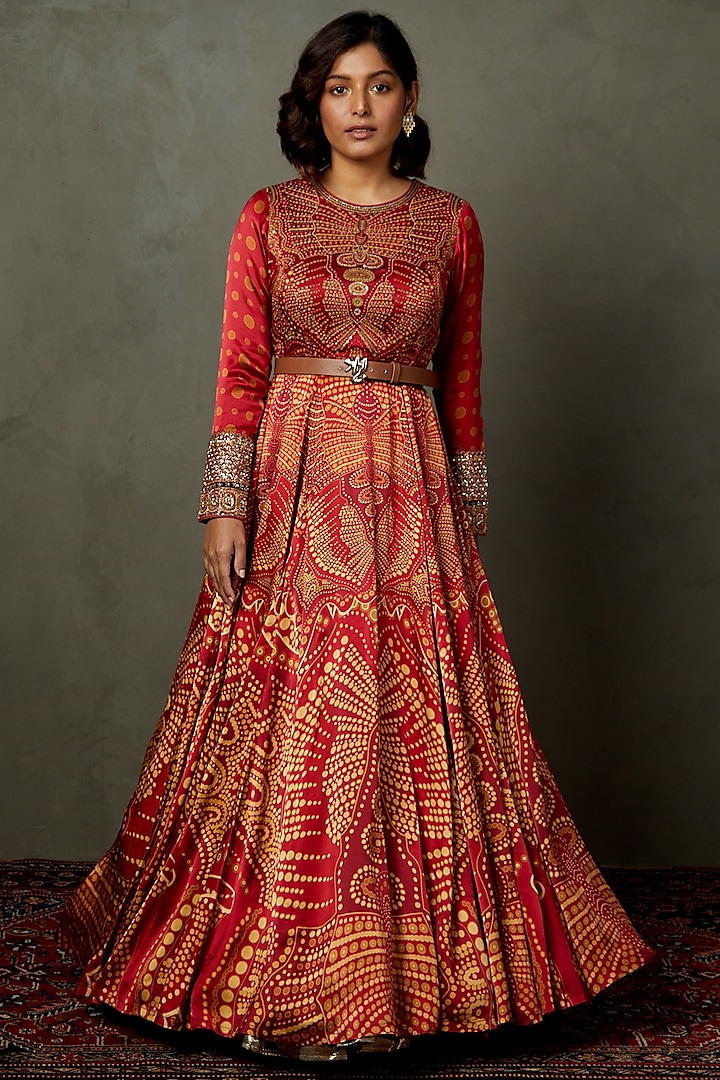Burgundy Silk & Viscose Embroidered Gown by Ri Ritu Kumar