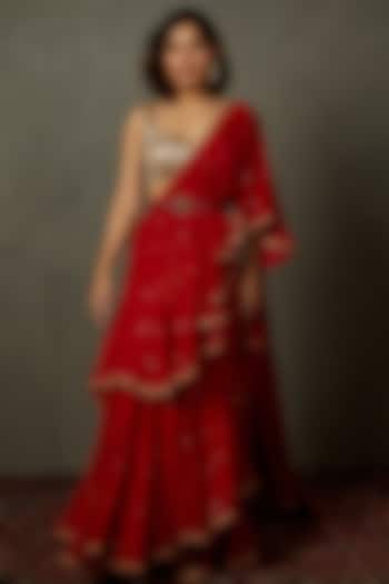 Red Viscose & Georgette Draped Saree Set by Ri Ritu Kumar