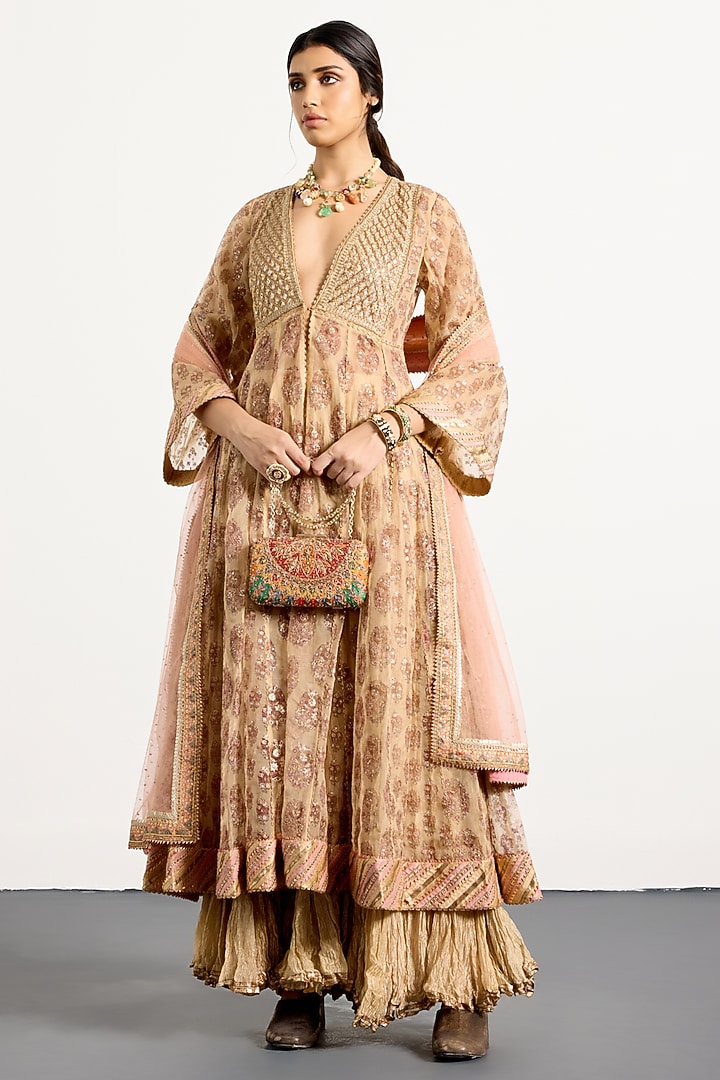 Beige & Pink Crush Tissue Skirt Set by Ri Ritu Kumar at Pernia's Pop Up Shop