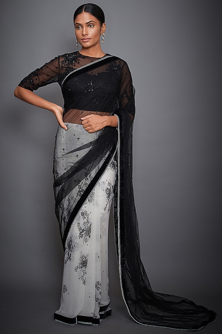 Ivory & Black Sheer Floral Saree Set Design by Ri Ritu Kumar at Pernia ...