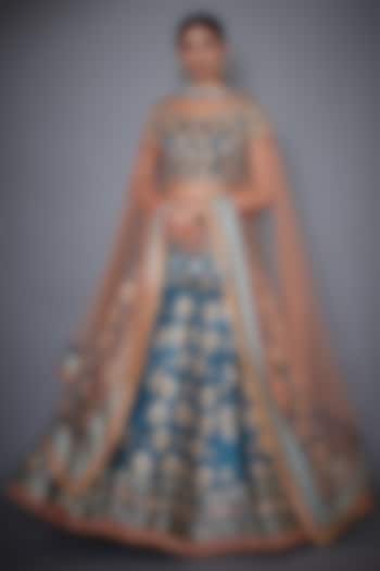 Blue Embroidered Printed Bridal Lehenga Set by Ri Ritu Kumar at Pernia's Pop Up Shop