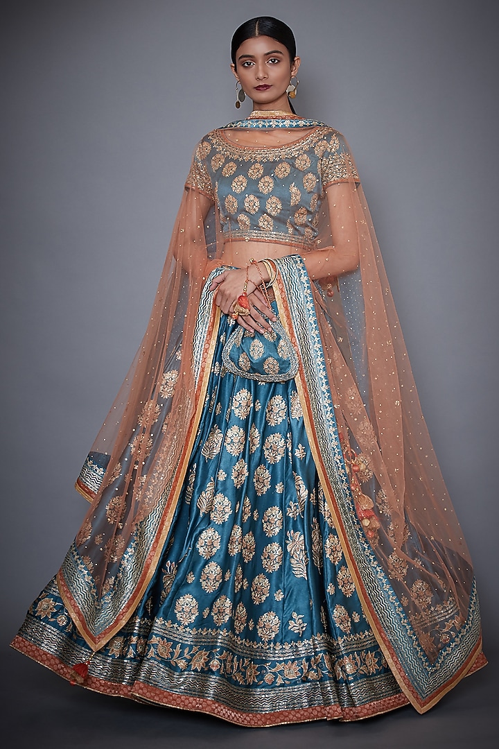 Blue Embroidered Printed Bridal Lehenga Set by Ri Ritu Kumar at Pernia's Pop Up Shop
