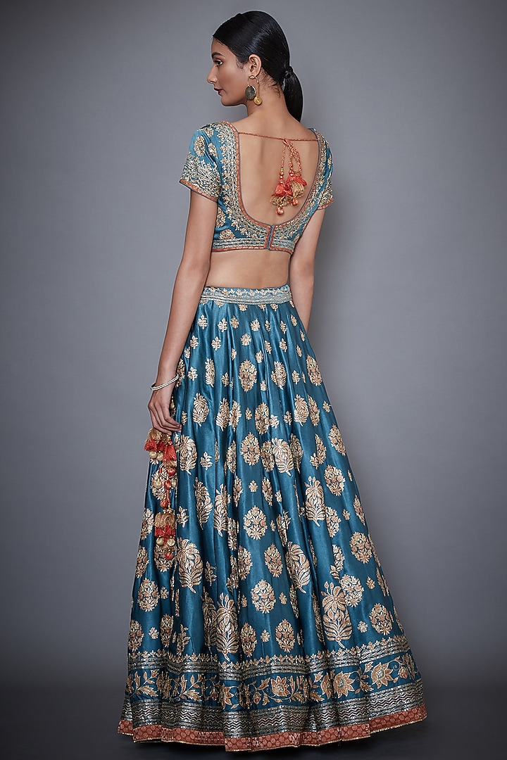 Blue Embroidered Printed Bridal Lehenga Set by Ri Ritu Kumar at Pernia's Pop Up Shop