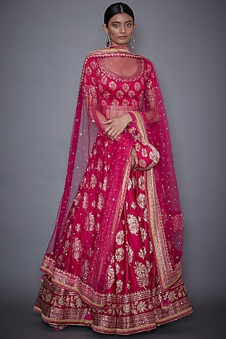 Fuchsia & Gold Embroidered Printed Lehenga Set by Ri Ritu Kumar