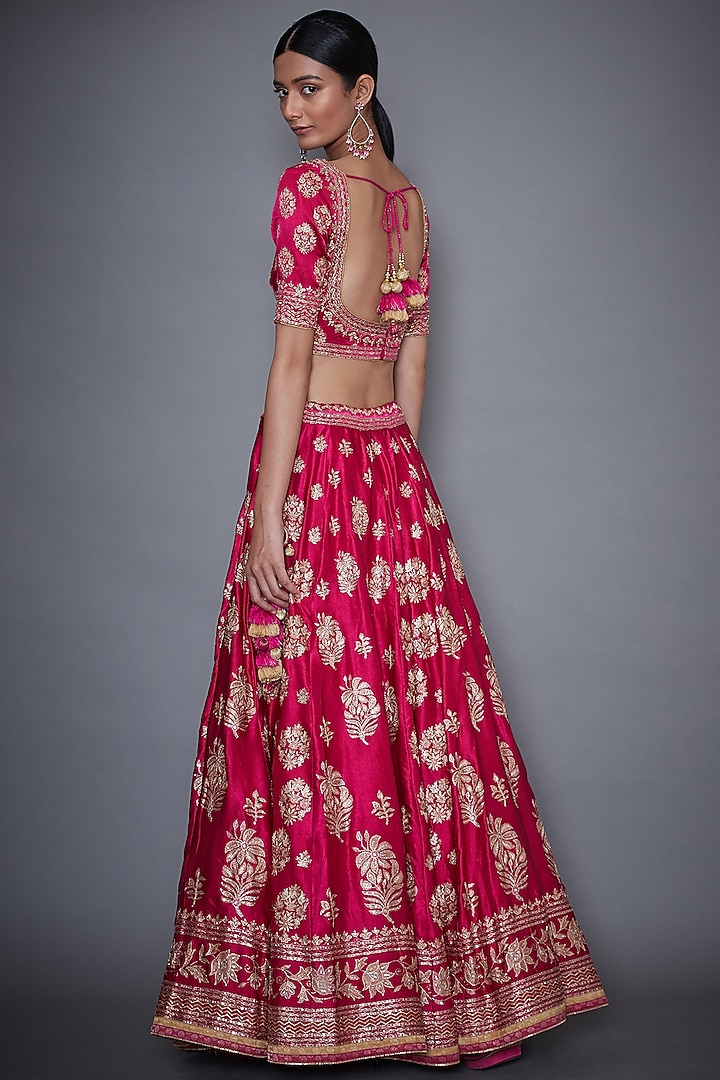 Fuchsia & Gold Embroidered Printed Bridal Lehenga Set by Ri Ritu Kumar at Pernia's Pop Up Shop
