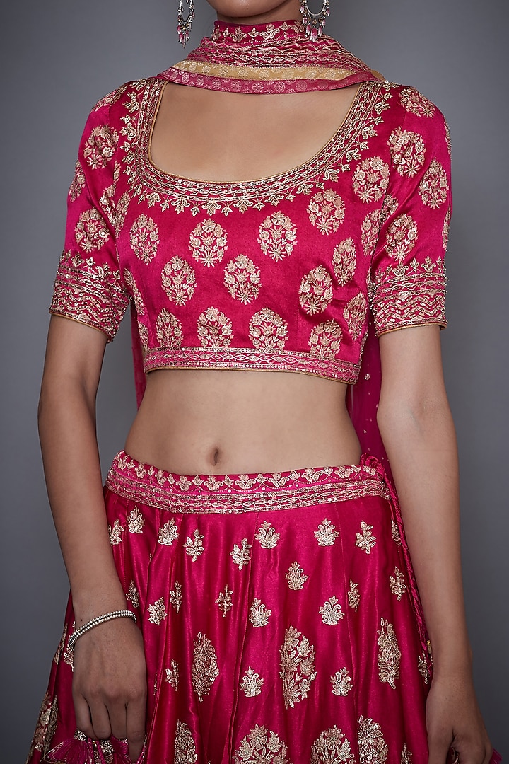 Fuchsia & Gold Embroidered Printed Bridal Lehenga Set by Ri Ritu Kumar at Pernia's Pop Up Shop