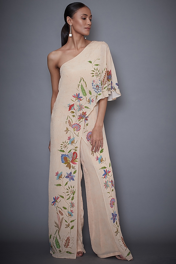 Light Beige Embroidered One Shoulder Jumpsuit by Ri Ritu Kumar at Pernia's Pop Up Shop