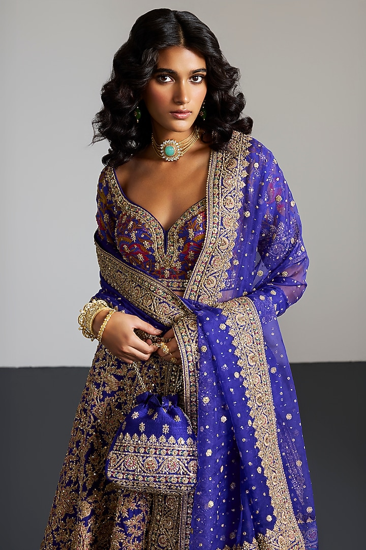 Purple Silk Organza Thread & Zardosi Embroidered Bridal Lehenga Set by Ri Ritu Kumar at Pernia's Pop Up Shop