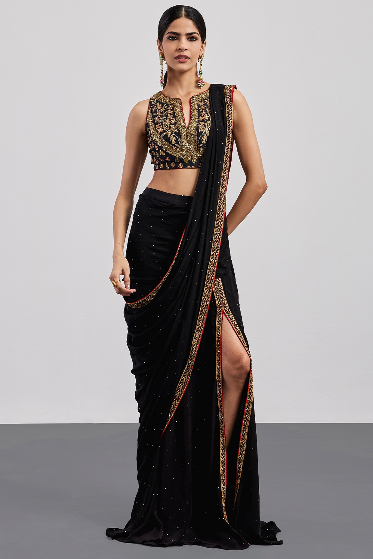 Ri Ritu Kumar Black Rayon Crepe Embroidered Draped Saree Set