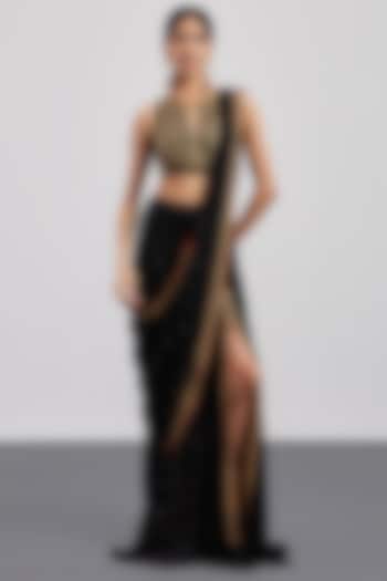 Black Rayon Crepe Embroidered Draped Wedding Saree Set by Ri Ritu Kumar at Pernia's Pop Up Shop