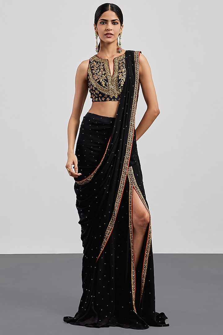 Black Rayon Crepe Embroidered Draped Wedding Saree Set by Ri Ritu Kumar at Pernia's Pop Up Shop