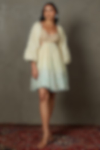 Off-White & Aqua Nylon Net Embroidered Mini Party Wear Dress by Ri Ritu Kumar at Pernia's Pop Up Shop