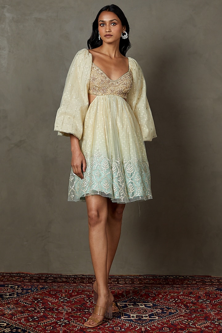 Off-White & Aqua Nylon Net Embroidered Mini Party Wear Dress by Ri Ritu Kumar at Pernia's Pop Up Shop