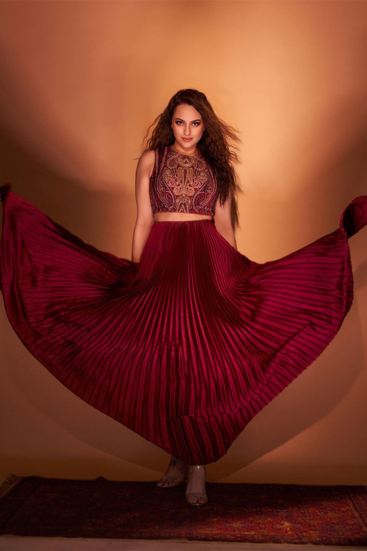 Burgundy Printed Hand Embroidered Skirt Set by Ri Ritu Kumar at Pernia s Pop Up Shop