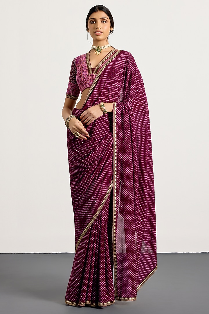 Prune Silk Geometric Printed & Mukaish Embroidered Reception Saree Set by Ri Ritu Kumar at Pernia's Pop Up Shop