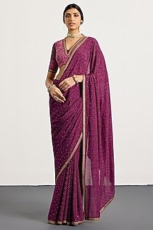 Prune Silk Geometric Printed & Mukaish Embroidered Saree Set by Ri Ritu Kumar-POPULAR PRODUCTS AT STORE