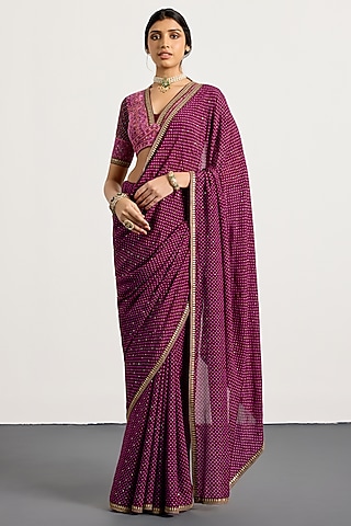 Prune Silk Geometric Printed & Mukaish Embroidered Saree Set by Ri Ritu Kumar