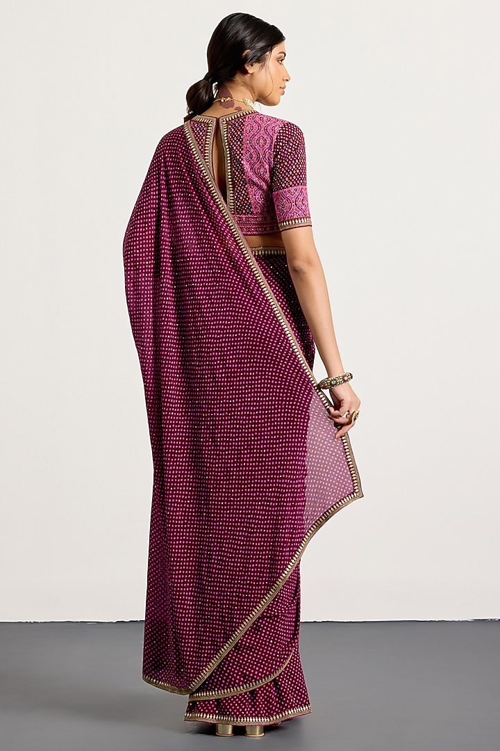 Prune Silk Geometric Printed & Mukaish Embroidered Reception Saree Set by Ri Ritu Kumar at Pernia's Pop Up Shop