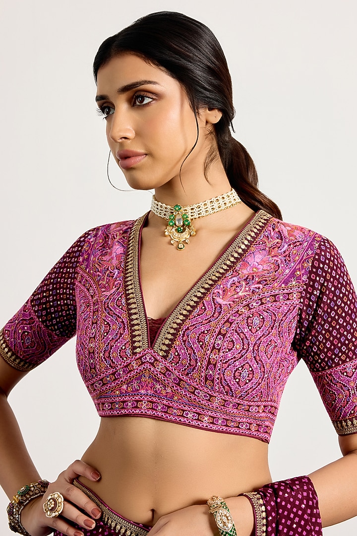 Prune Silk Geometric Printed & Mukaish Embroidered Reception Saree Set by Ri Ritu Kumar at Pernia's Pop Up Shop
