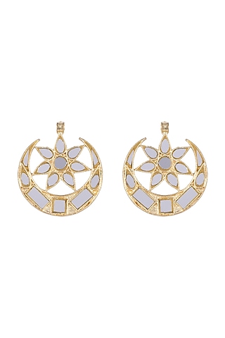 Gold Finish Half Moon Mirror Earrings by Ritika Sachdeva