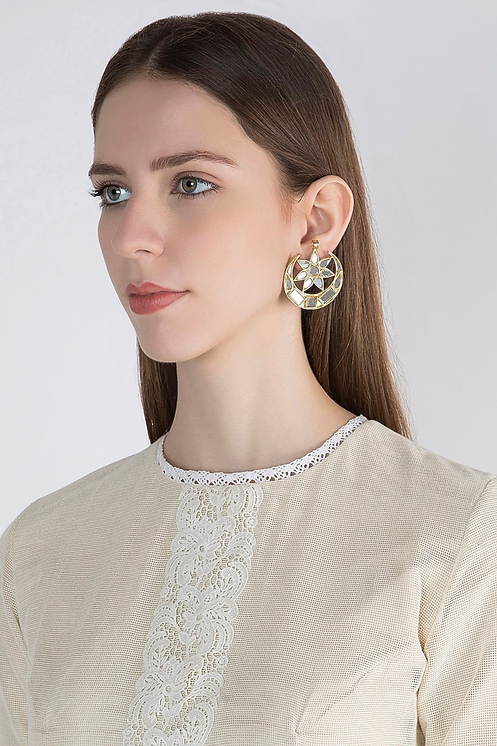Gold Finish Half Moon Mirror Earrings by Ritika Sachdeva at Pernia's Pop Up Shop
