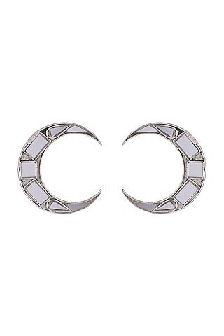 Antique Silver Finish Moon Mirror Earrings by Ritika Sachdeva