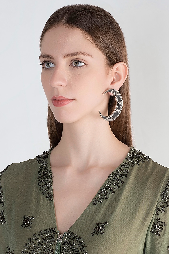 Antique Silver Finish Moon Mirror Earrings by Ritika Sachdeva at Pernia's Pop Up Shop