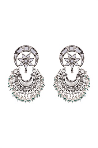Antique Silver Finish Mirror Chandbali Earrings by Ritika Sachdeva