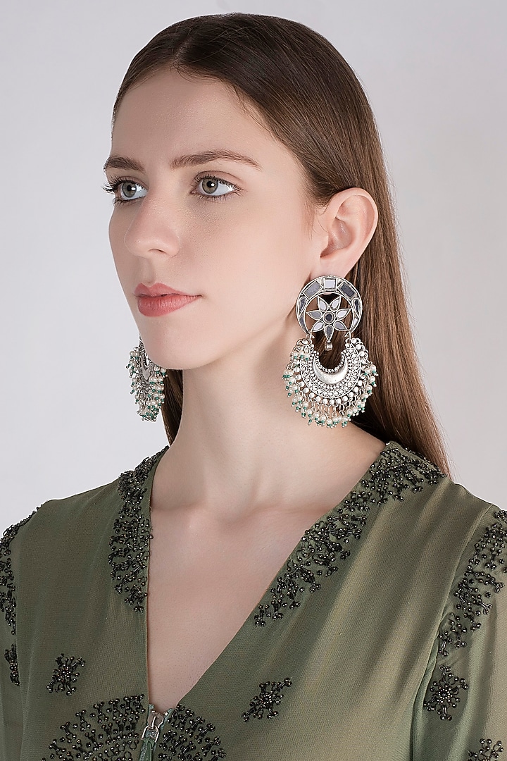 Antique Silver Finish Mirror Chandbali Earrings by Ritika Sachdeva at Pernia's Pop Up Shop