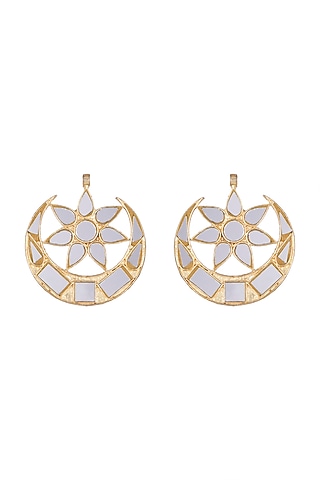 Gold Finish Half Moon Big Mirror Earrings by Ritika Sachdeva