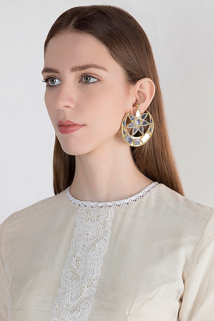 Gold Finish Half Moon Big Mirror Earrings by Ritika Sachdeva at Pernia's Pop Up Shop