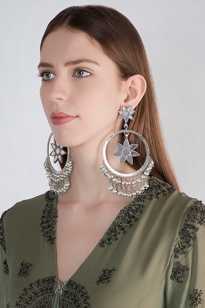 Antique Silver Finish Oversized Fringe Bali Earrings by Ritika Sachdeva at Pernia's Pop Up Shop