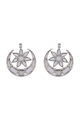 Antique Silver Finish Half Moon Small Mirror Earrings by Ritika Sachdeva