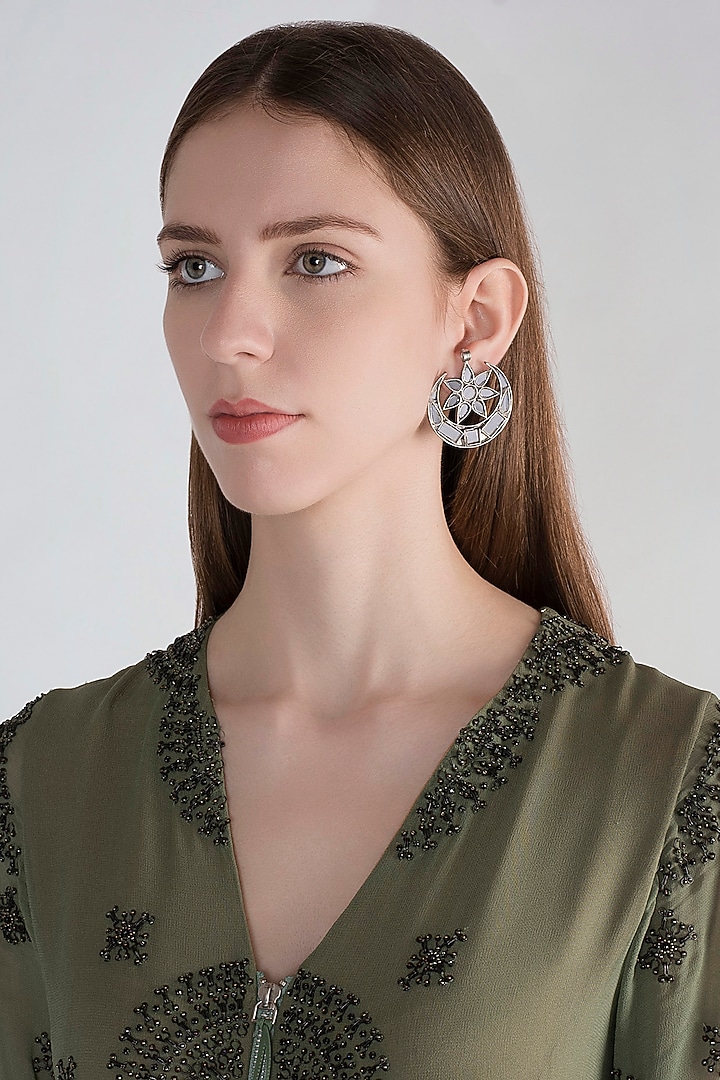 Antique Silver Finish Half Moon Small Mirror Earrings by Ritika Sachdeva at Pernia's Pop Up Shop
