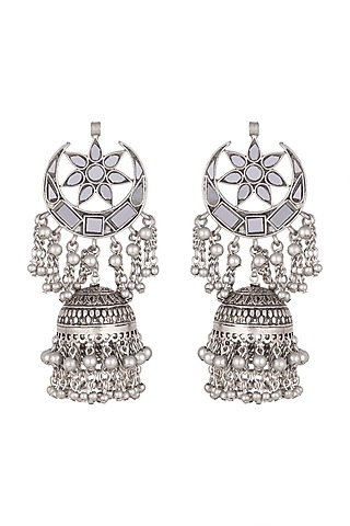 Antique Silver Finish Mirror Long Jhumka Earrings by Ritika Sachdeva