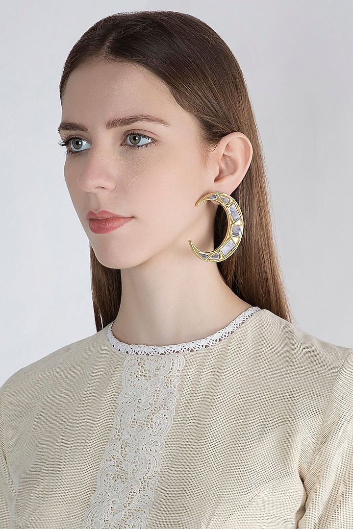 Gold Finish Moon Big Mirror Earrings by Ritika Sachdeva at Pernia's Pop Up Shop