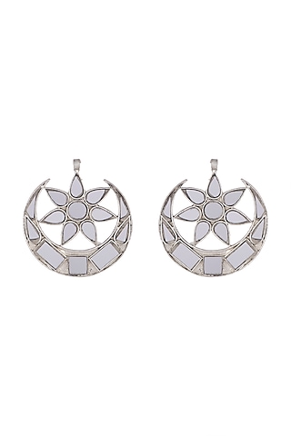 Antique Silver Finish Half Moon Big Mirror Earrings by Ritika Sachdeva